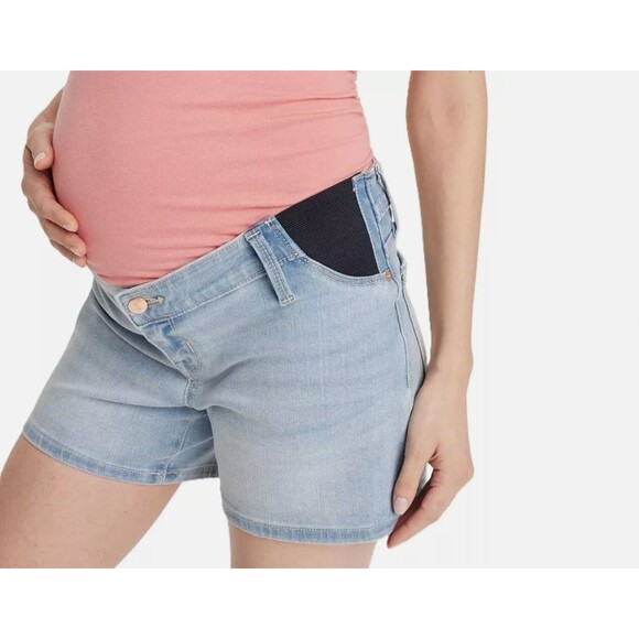 Isabel Maternity Jean Shorts Size 14  Under Belly Midi Light Blue Wash 4" Inseam - Picture 1 of 6